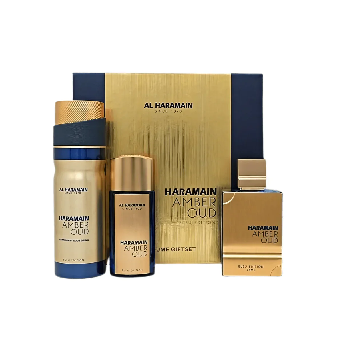 Al Haramain Amber Oud Bleu Edition Eau de Parfum includes ( 2.5oz EDP spray + 1.0 oz EDP spray + 6.6 oz Deodorant Body spray ) Unisex