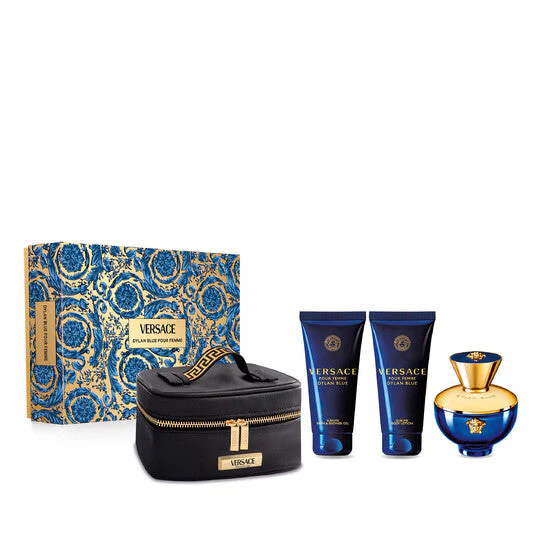 VERSACE Dylan Blue Gift Set Includes : Versace Dylan Blue Femme EDP 3.4 oz (100 ml) + Body Lotion 3.4 oz (100 ml) + Shower Gel 3.4 oz (100 ml) + Cosmetic Case for Women