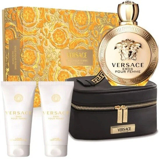 VERSACE Eros pour Femme (3.4 Fl. Oz. Eau De Parfum Spray, 3.4 Fl. Oz. Luxury Body Lotion, 3.4 Fl. Oz. Luxury Bath & Shower Gel, Versace Small Beauty Case)